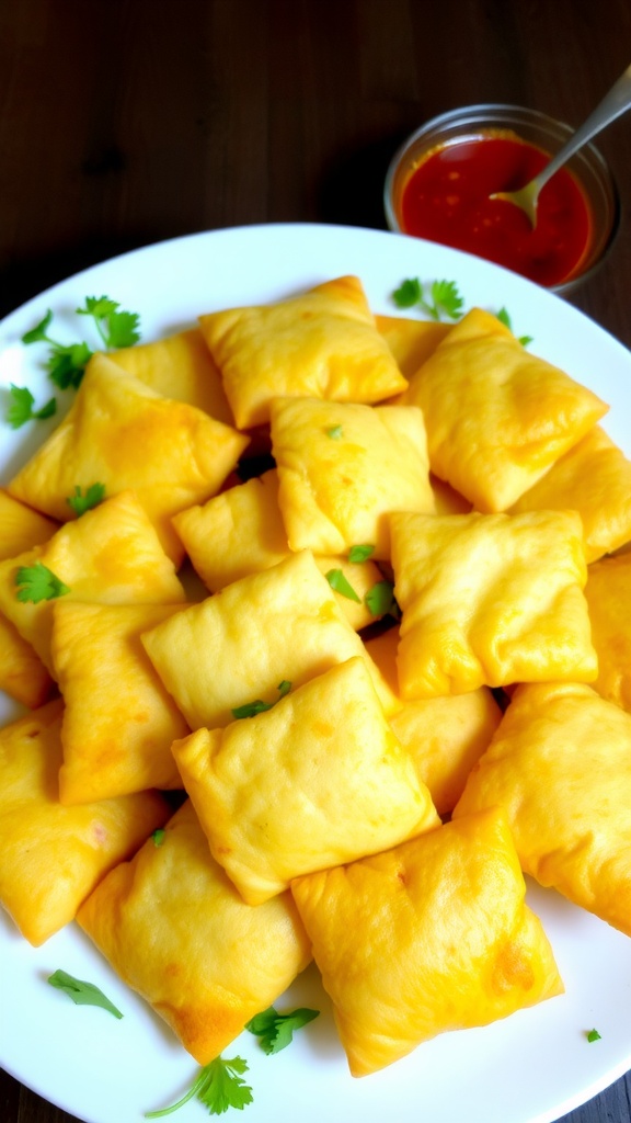 Golden brown Snack Kotak on a plate with dipping sauce.